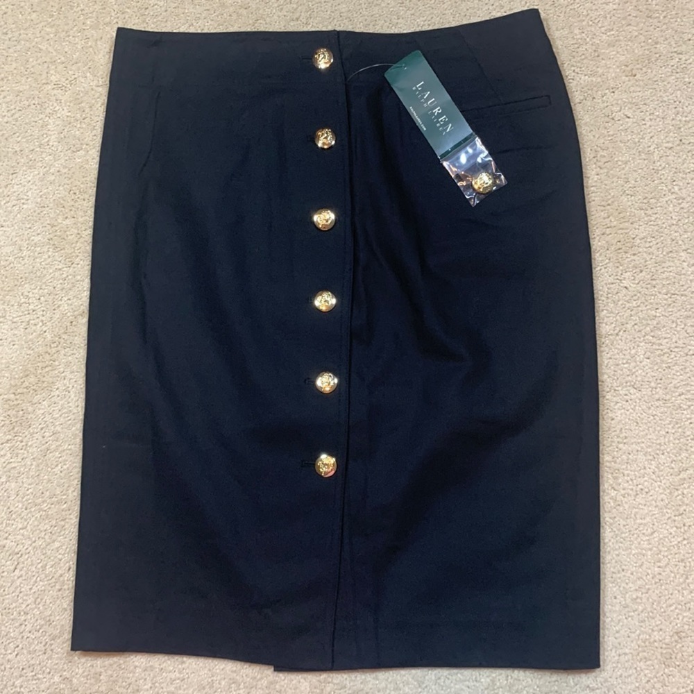 NEW Ralph Lauren skirt Black size 4 gold crest buttons cotton Pencil Pockets